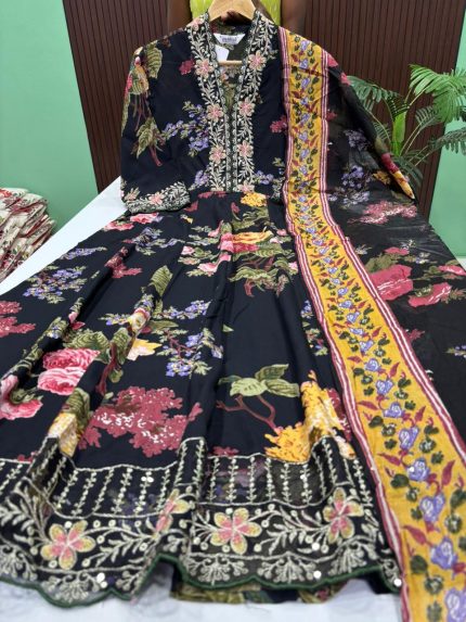 Trendy V neck Collar Anarkali with Dupatta Set