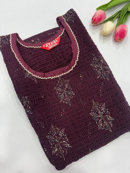 Maxi Style Smocked Cotton Nighty - WINE